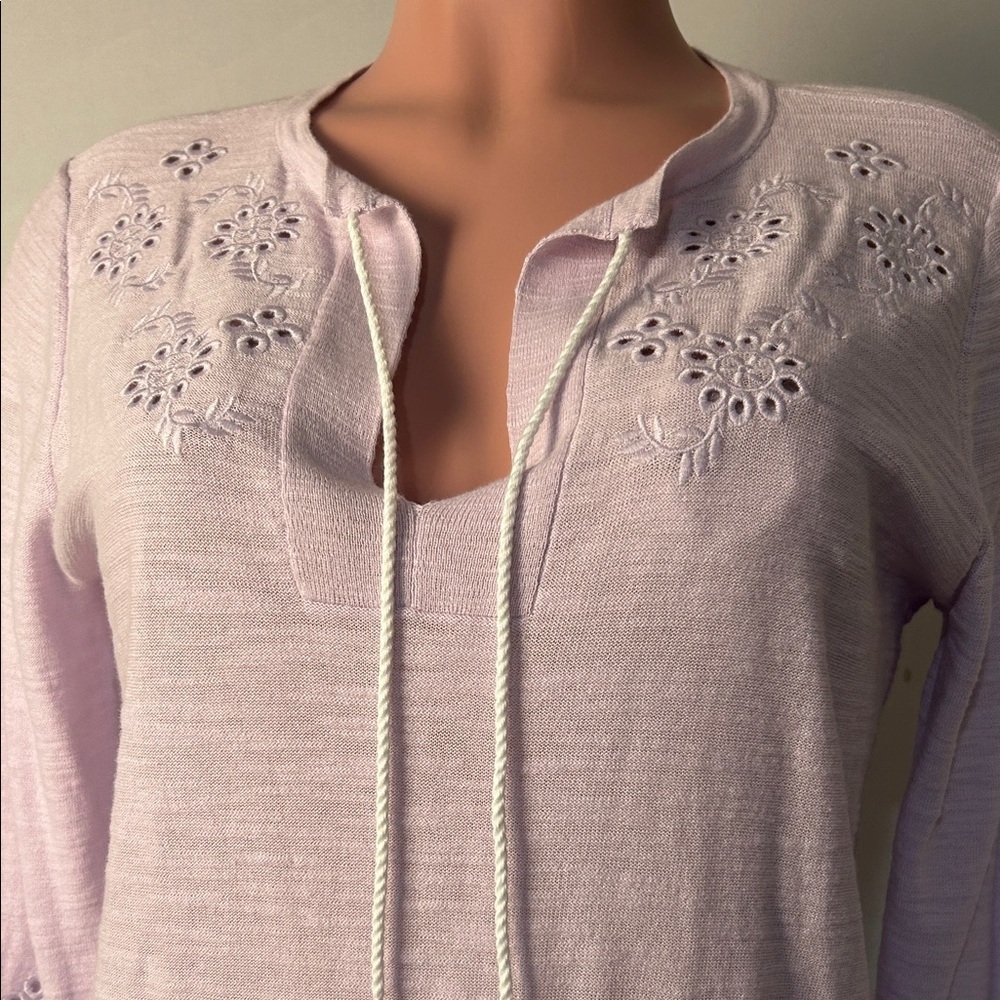 Loft Tasseled Tie Neck Top T-Shirt 100%Cotton Embroidered Long Sleeve Sz S - Picture 3 of 14